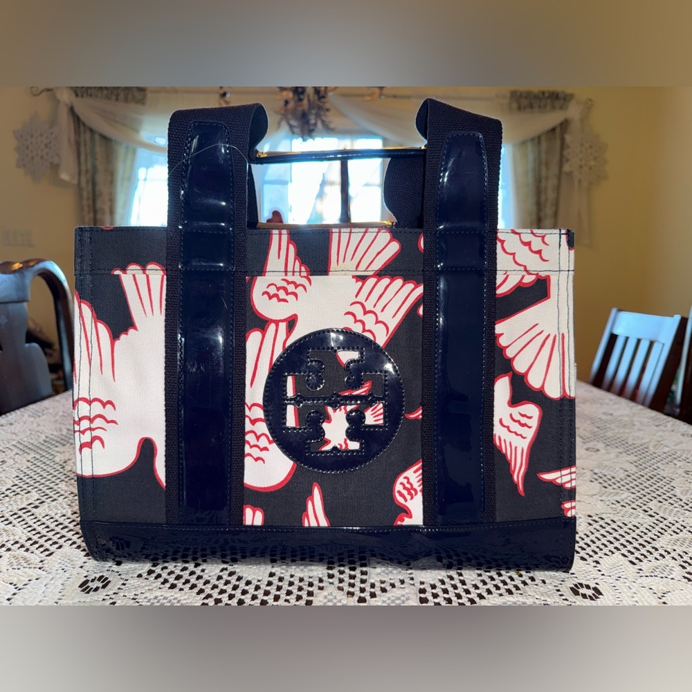 Tory Burch Black & White Canvas Tote with Red Accent